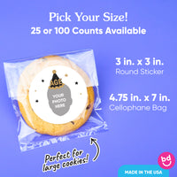 Custom Face Stickers & Clear Cookie Bags - Black & Gold Birthday