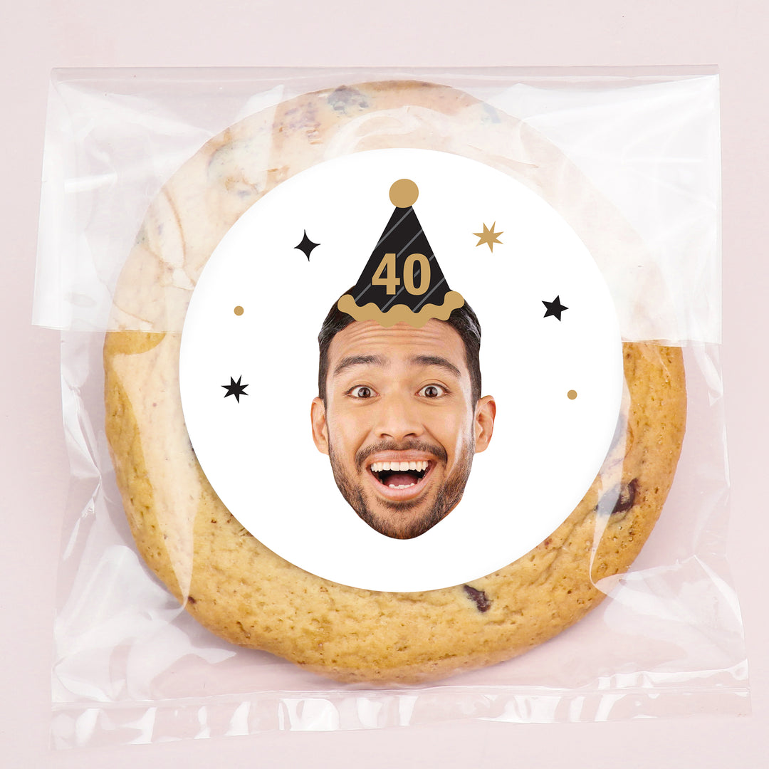 Custom Face Stickers & Clear Cookie Bags - Black & Gold Birthday