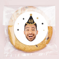 Custom Face Stickers & Clear Cookie Bags - Black & Gold Birthday