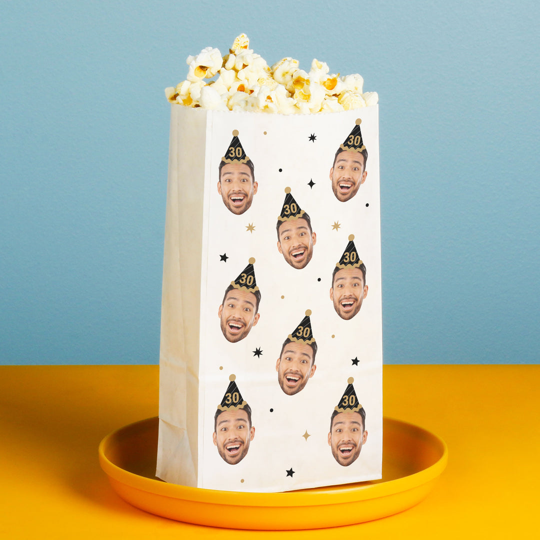 Custom Face Popcorn Bags - Black & Gold Birthday
