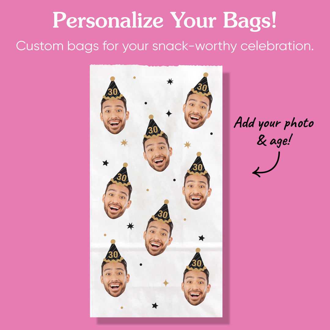 Custom Face Popcorn Bags - Black & Gold Birthday