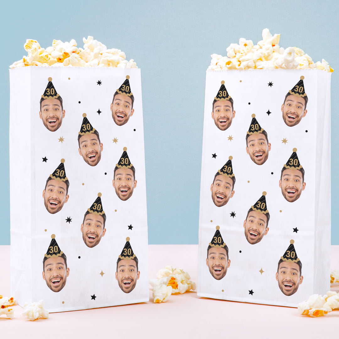 Custom Face Popcorn Bags - Black & Gold Birthday