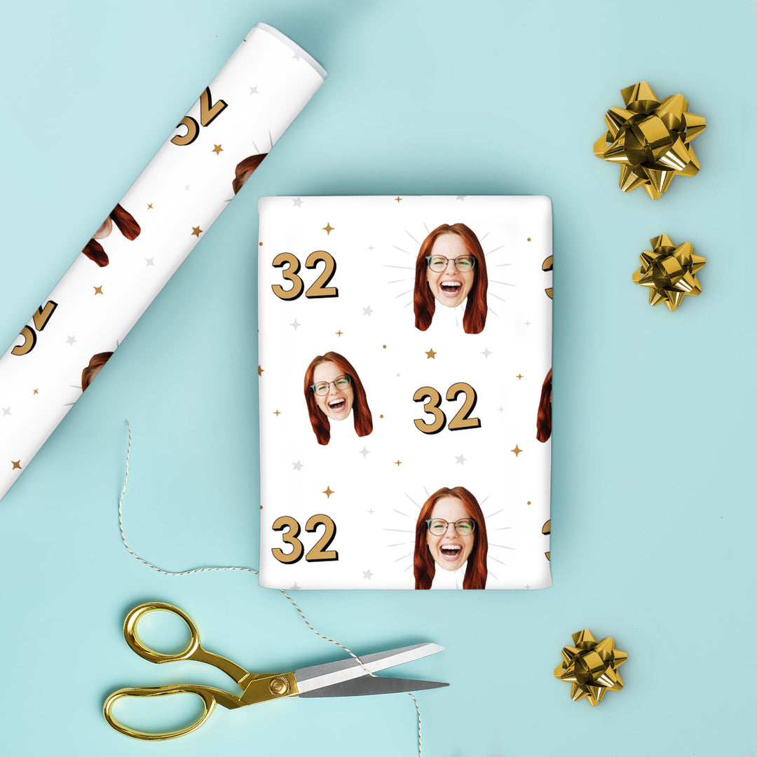 Custom Face Wrapping Paper - Black & Gold Birthday