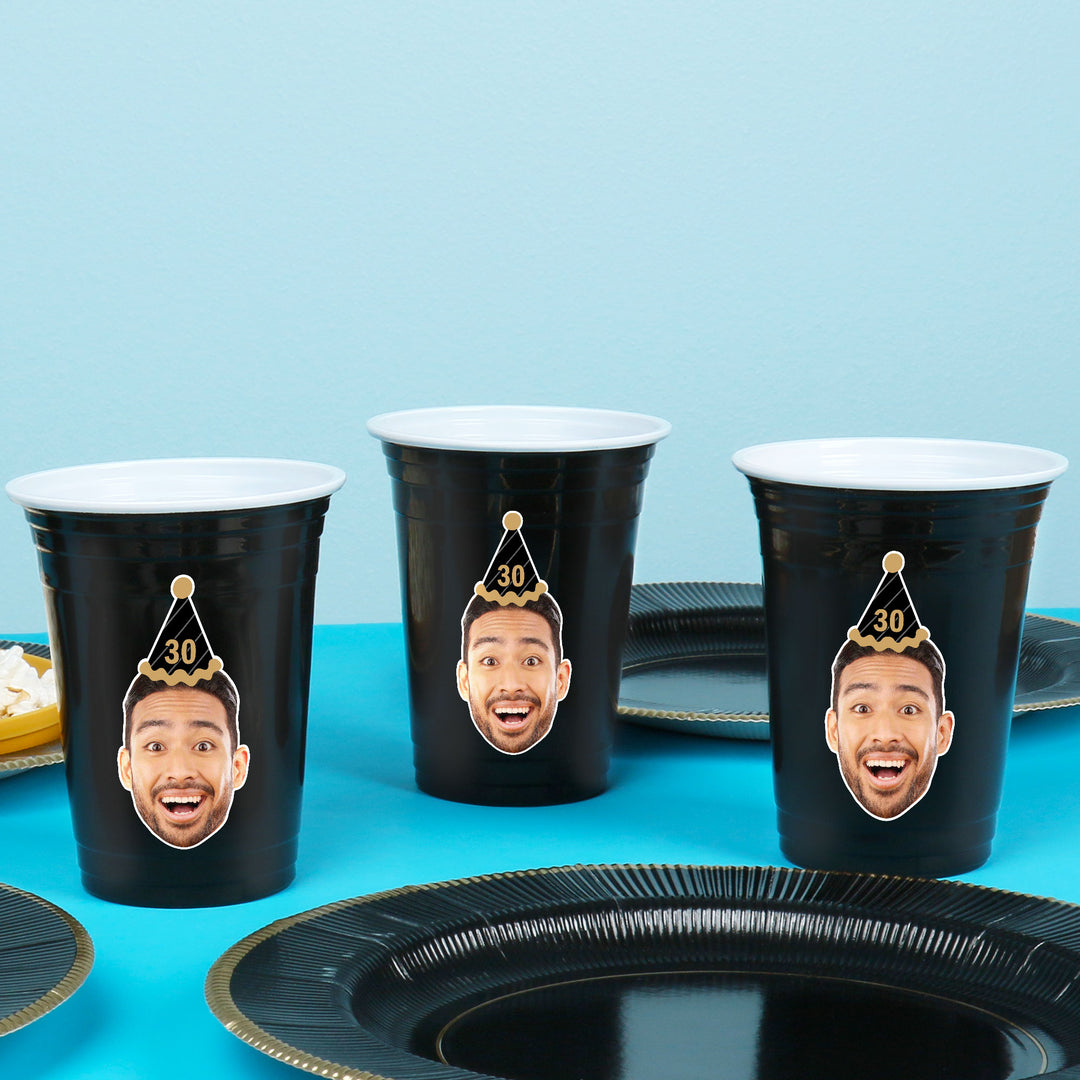 Custom Face Party Cups - Black & Gold Birthday - 16 Ct