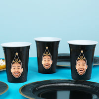 Custom Face Party Cups - Black & Gold Birthday - 16 Ct