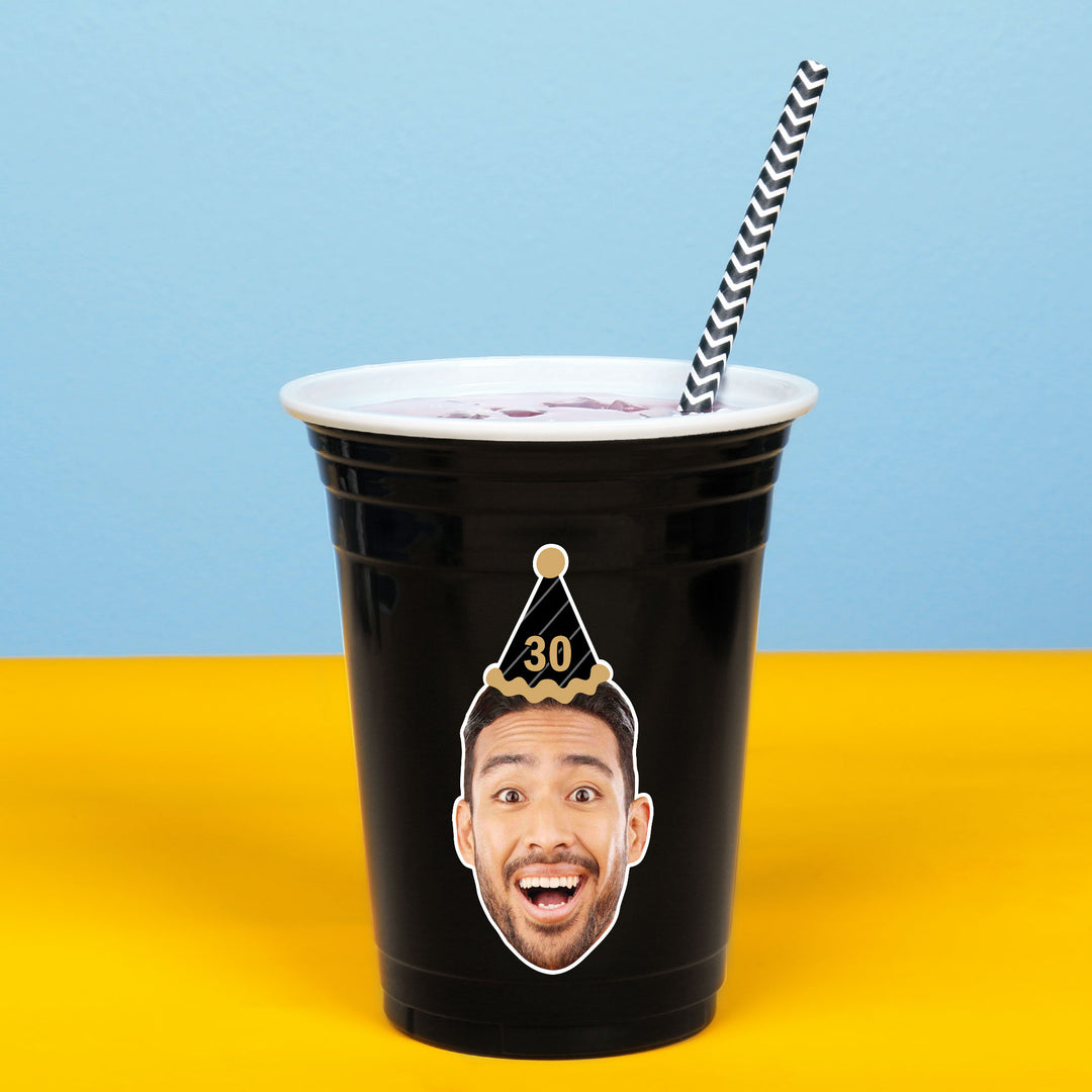 Custom Face Party Cups - Black & Gold Birthday - 16 Ct