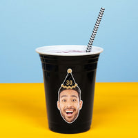 Custom Face Party Cups - Black & Gold Birthday - 16 Ct