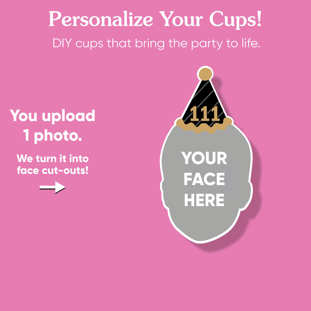 Custom Face Party Cups - Black & Gold Birthday - 16 Ct