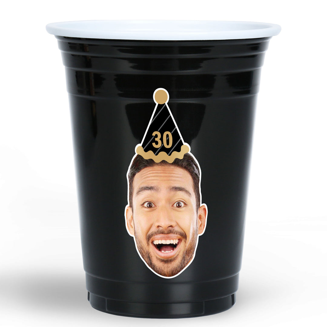 Custom Face Party Cups - Black & Gold Birthday - 16 Ct