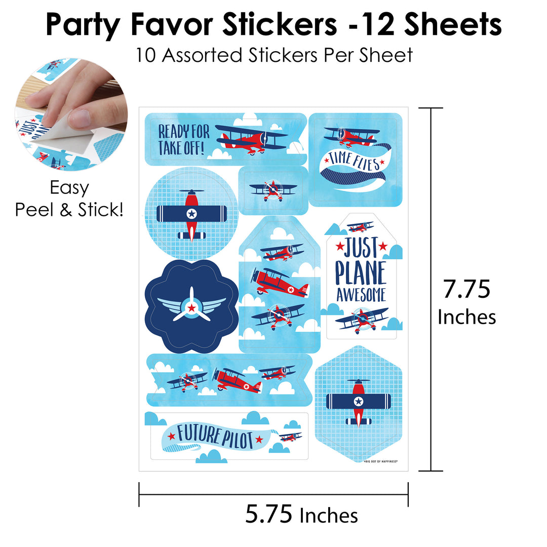 Taking Flight - Airplane - Vintage Plane Baby Shower or Birthday Party Favor Sticker Set - 12 Sheets - 120 Stickers
