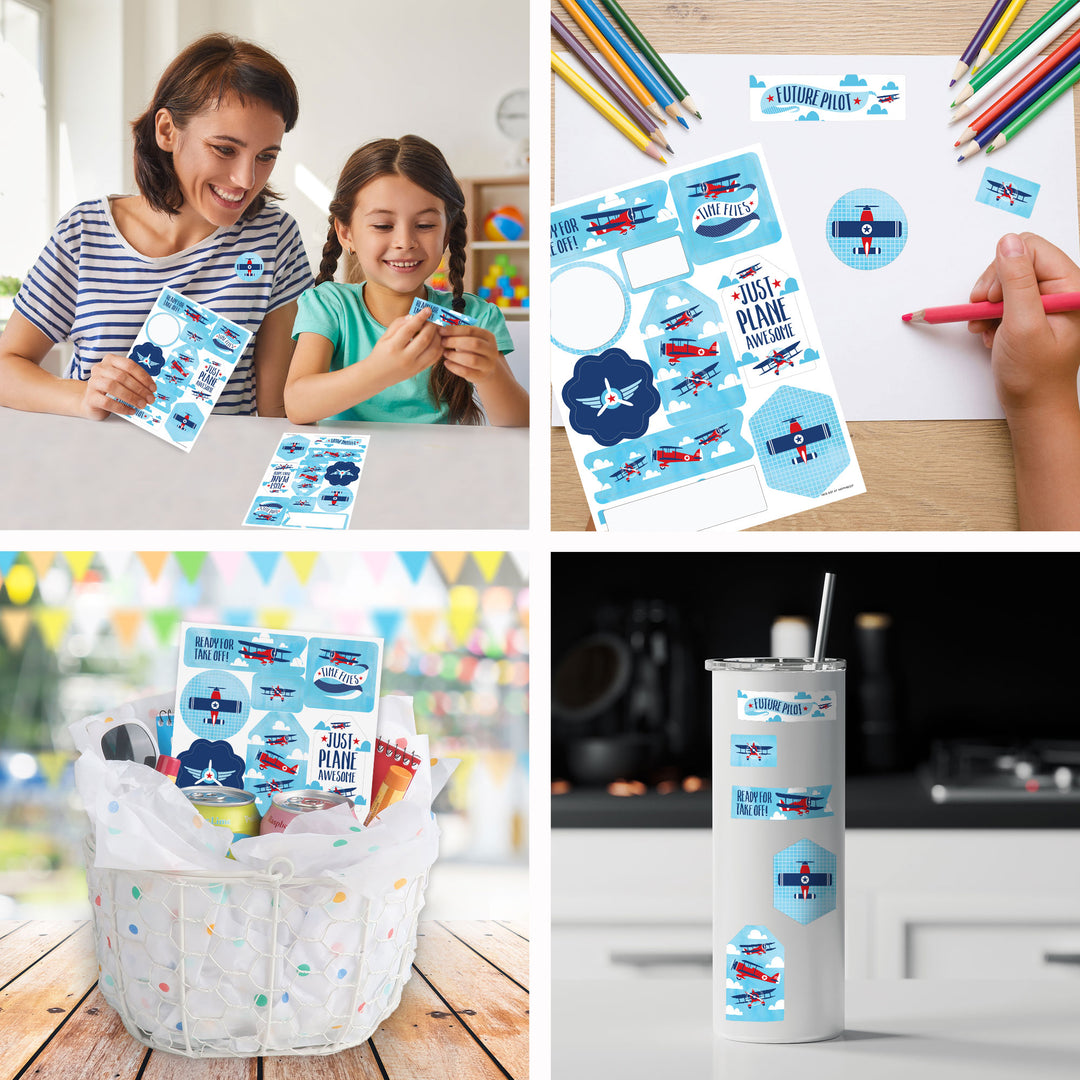 Taking Flight - Airplane - Vintage Plane Baby Shower or Birthday Party Favor Sticker Set - 12 Sheets - 120 Stickers