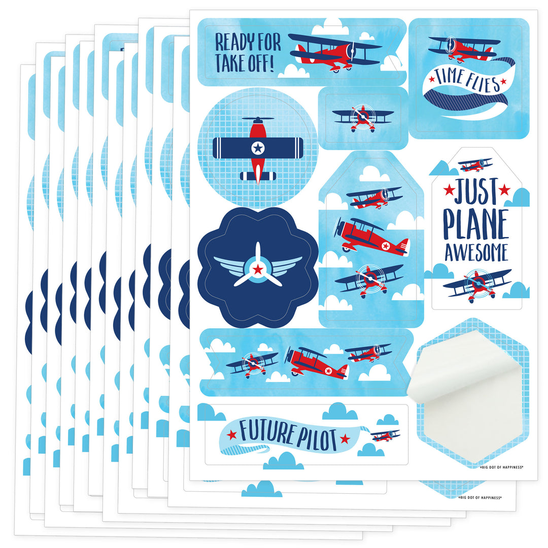 Taking Flight - Airplane - Vintage Plane Baby Shower or Birthday Party Favor Sticker Set - 12 Sheets - 120 Stickers