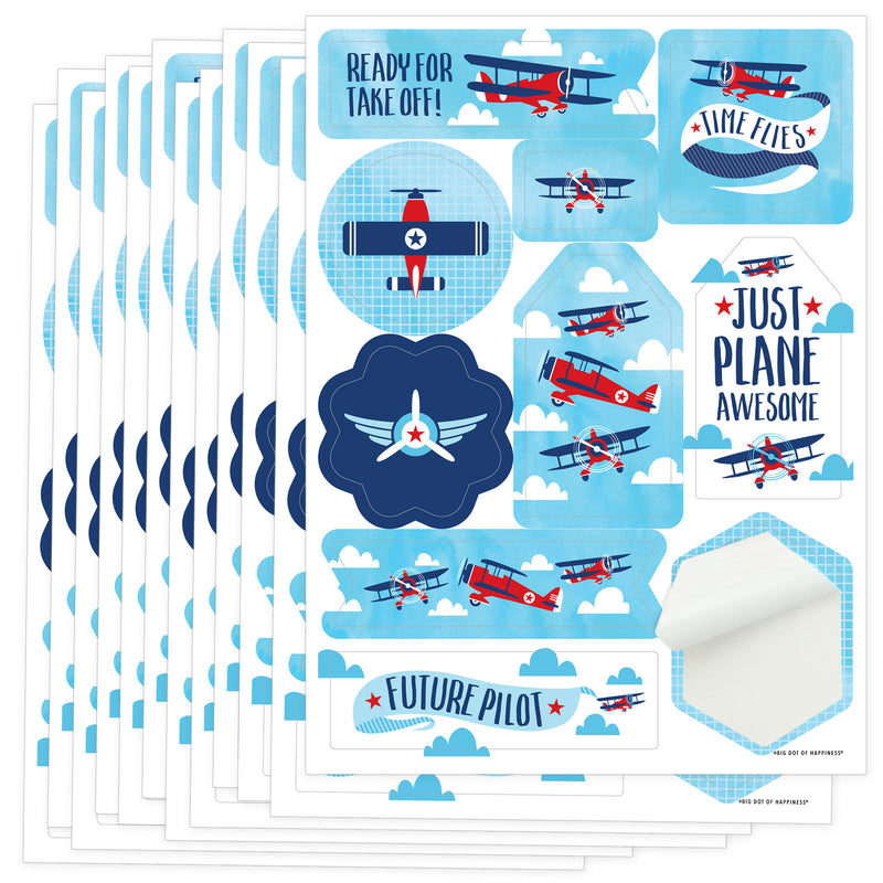 Taking Flight - Airplane - Vintage Plane Baby Shower or Birthday Party Favor Sticker Set - 12 Sheets - 120 Stickers
