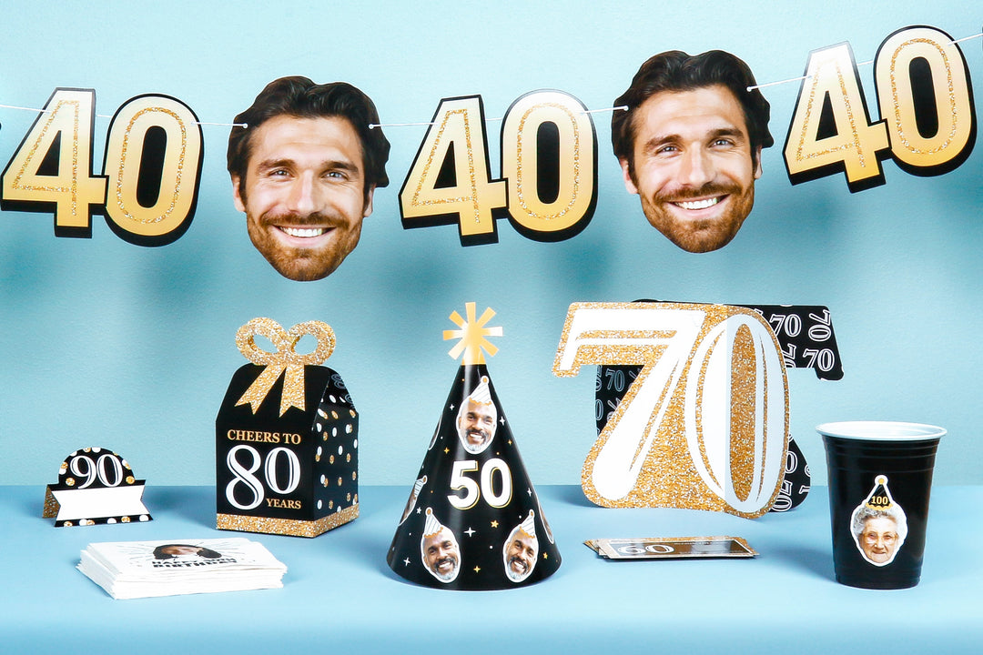 Collection of birthday-themed items with numbers and faces on a blue background