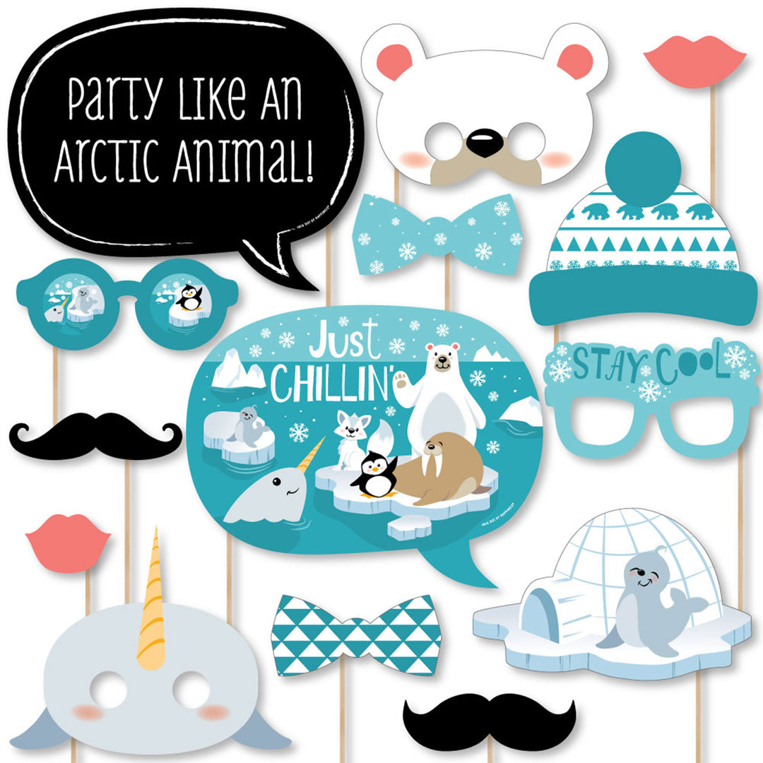 Arctic Polar Animals - Winter Baby Shower or Birthday Party Photo Booth Props Kit - 20 Count
