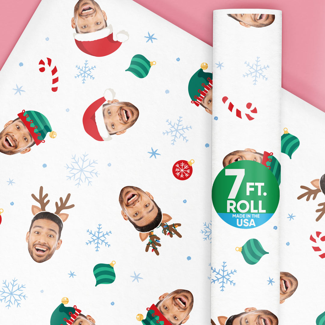 Custom face wrapping paper with Santa, Reindeer, and Elf hats