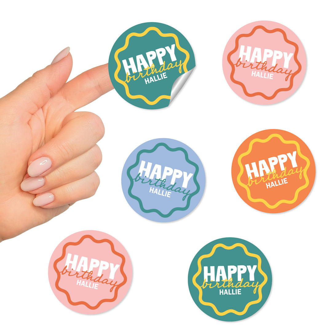 Custom Text Round Stickers - Wavy Birthday - 24 Ct