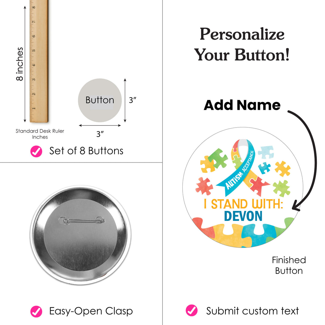 Custom Text Autism Acceptance Pinback Buttons - 8 Ct