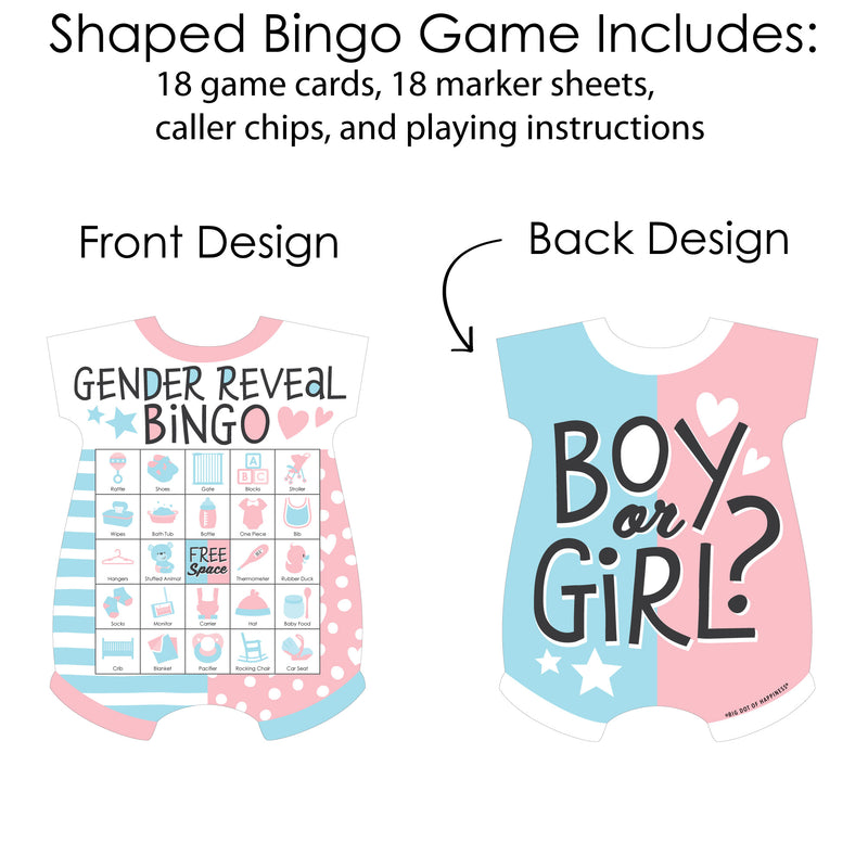 Baby Gender Reveal - Picture Bingo Cards and Markers - Team Boy or Girl Baby Shower Shaped Bingo Game - Set of 18