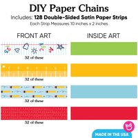 Diagram of DIY paper chains with various patterns and colors, including text and a brand logo.