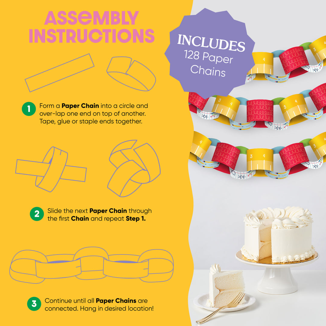 Assembly instructions for a colorful paper chain with a cake on a white background