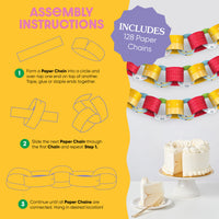 Assembly instructions for a colorful paper chain with a cake on a white background