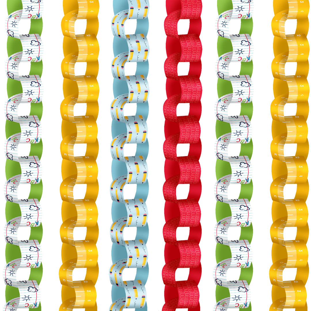 Set of colorful paper chains with school themed designs on a white background