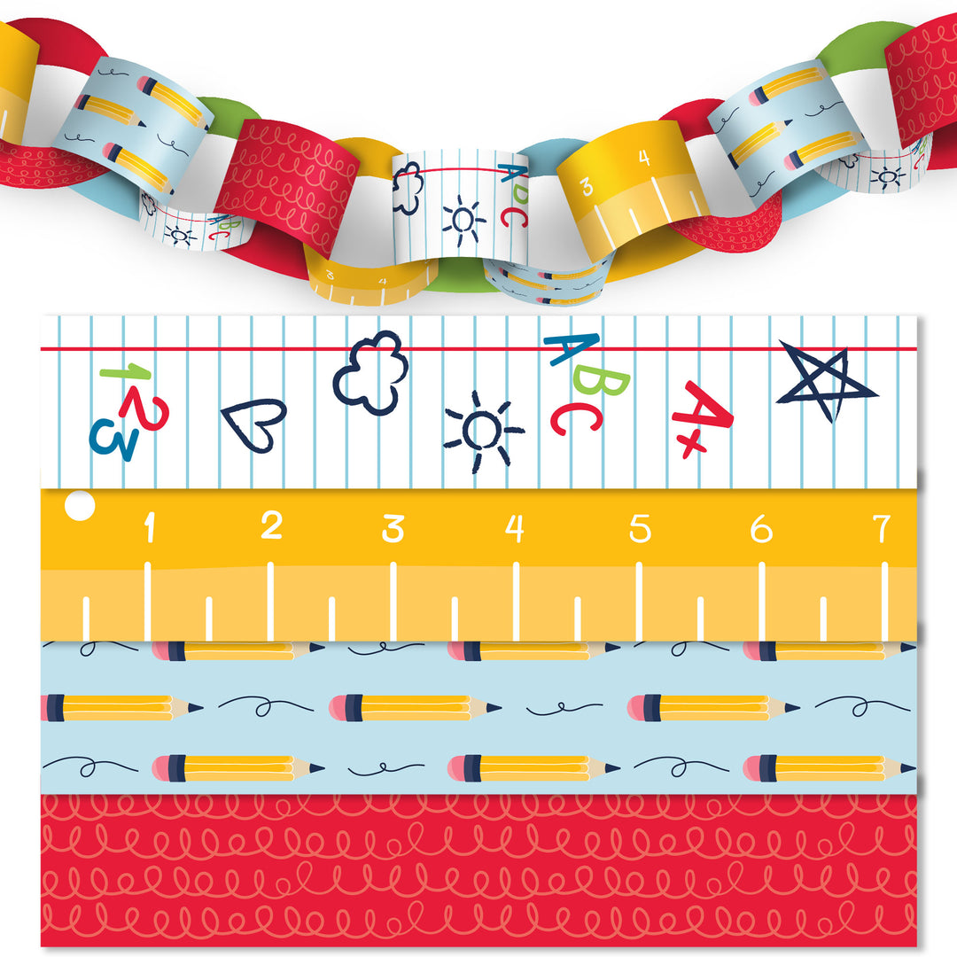 Back to School classroom decorations Colorful paper chain with educational patterns on a white background