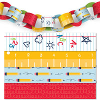 Back to School classroom decorations Colorful paper chain with educational patterns on a white background
