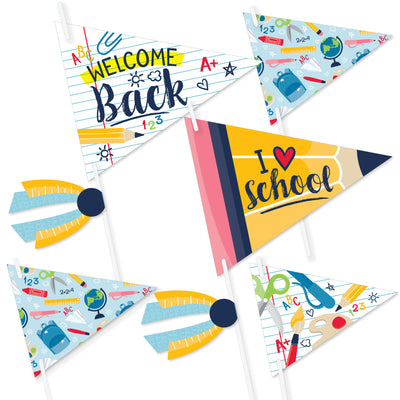 Back to School - Triangle First Day of School Classroom Decorations Photo Props - Pennant Flag Centerpieces - Set of 20