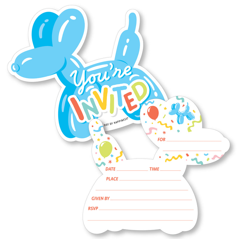Balloon Animals - Shaped Fill-In Invitations - Happy Birthday Party Invitation Cards with Envelopes - Set of 12