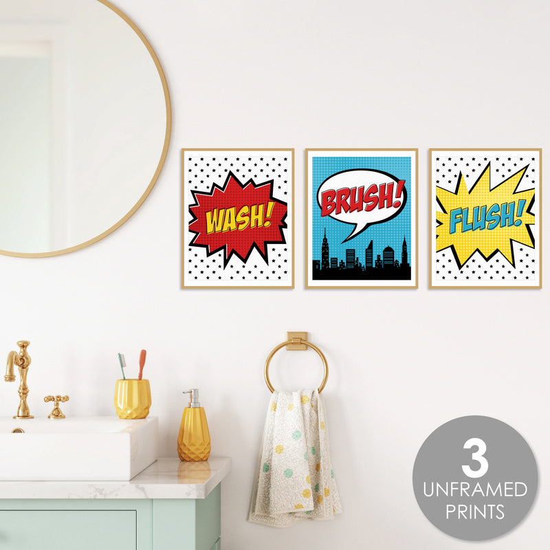 BAM! Superhero - Unframed Wash, Brush, Flush - Bathroom Wall Art - 8 x 10 inches - Set of 3 Prints