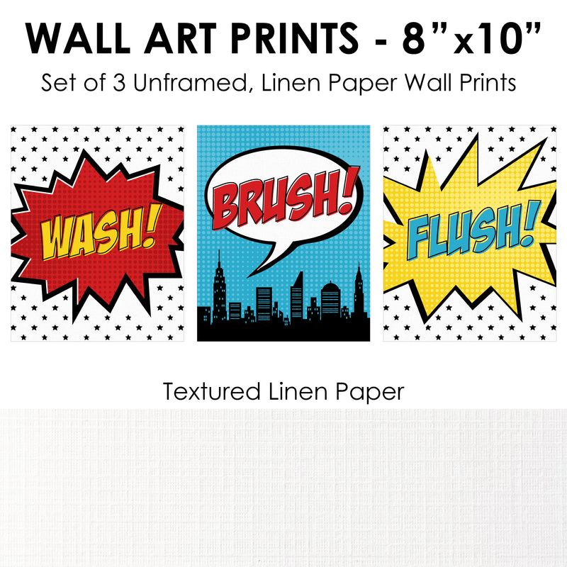 BAM! Superhero - Unframed Wash, Brush, Flush - Bathroom Wall Art - 8 x 10 inches - Set of 3 Prints