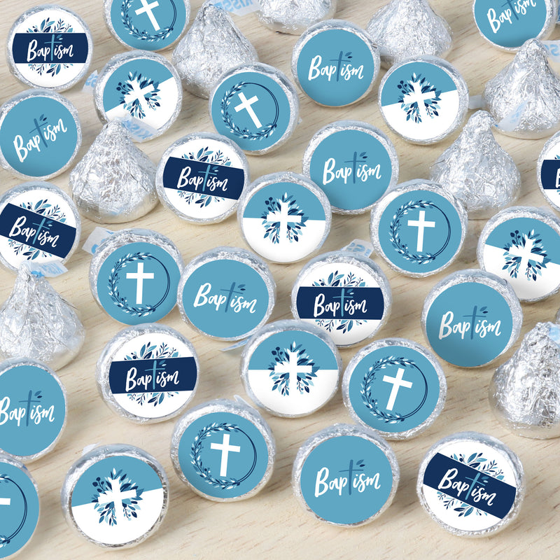 Baptism Blue Elegant Cross - Boy Religious Party Small Round Candy Stickers - Party Favor Labels - 324 Count
