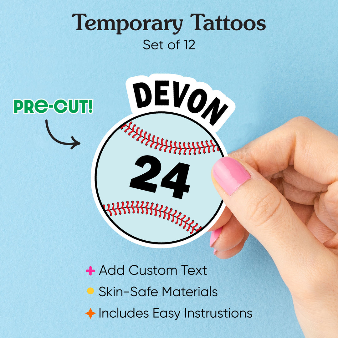 Custom Text Baseball Temporary Tattoos - 12 Ct
