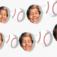 Custom face garland banner with baseball-shaped cutouts against a white background