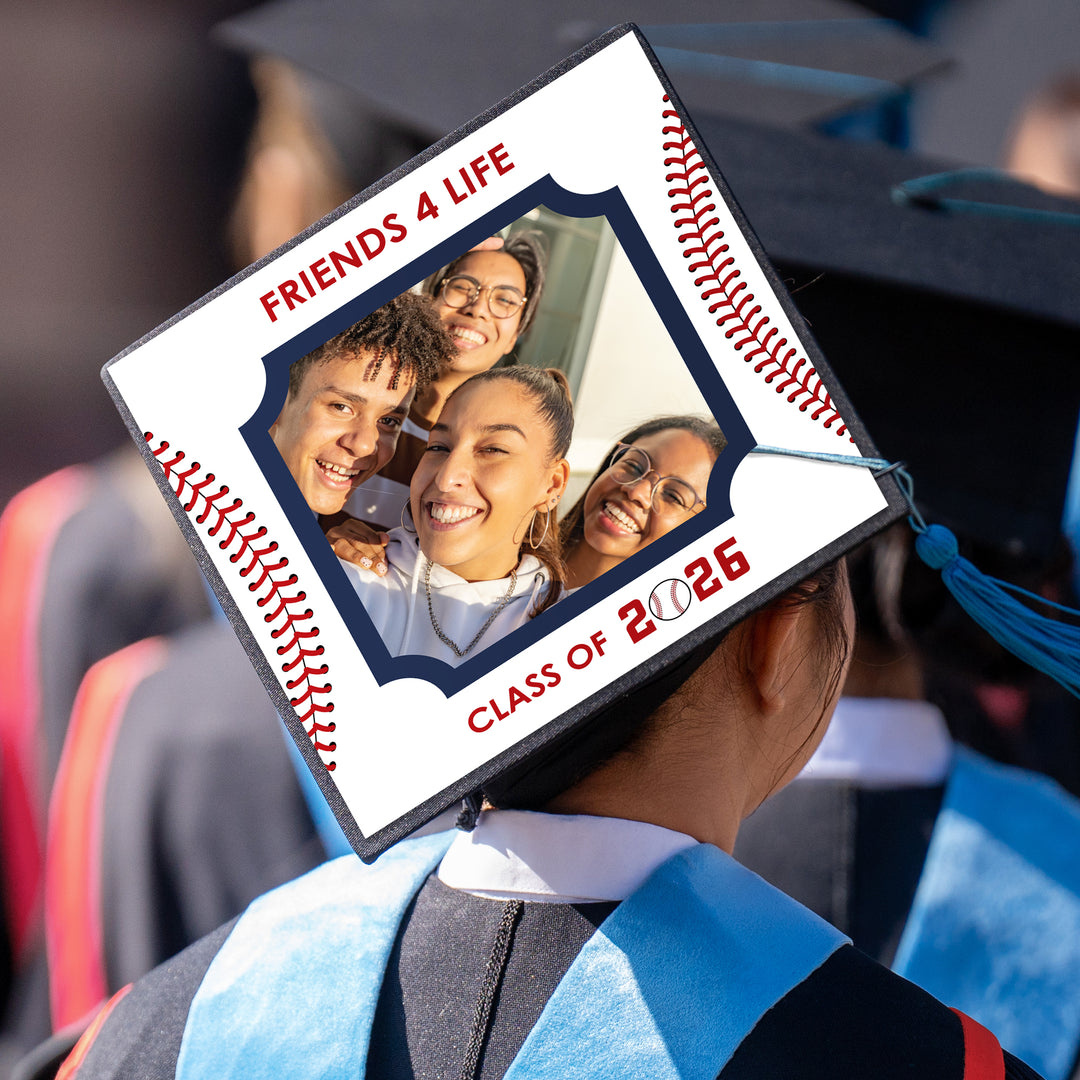 Graduation cap styled with baseball photo cover