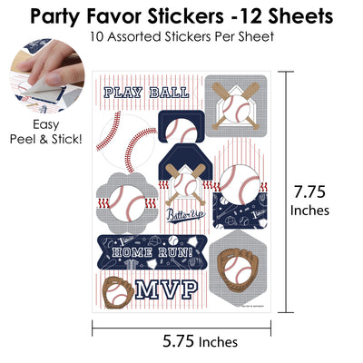 Batter Up - Baseball - Baby Shower or Birthday Party Favor Sticker Set - 12 Sheets - 120 Stickers