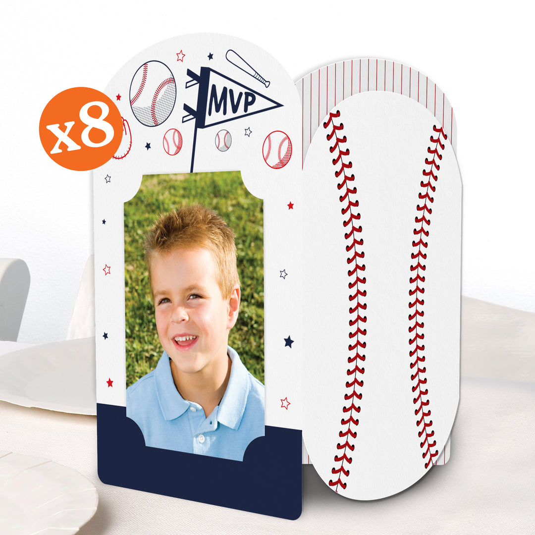 Baseball-themed photo frame with a child's picture, MVP design, and baseball stitching detail.