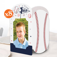 Baseball-themed photo frame with a child's picture, MVP design, and baseball stitching detail.