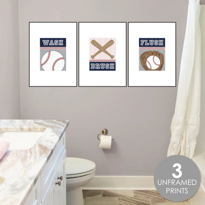Batter Up - Baseball - Unframed Wash, Brush, Flush - Bathroom Wall Art - 8 x 10 inches - Set of 3 Prints