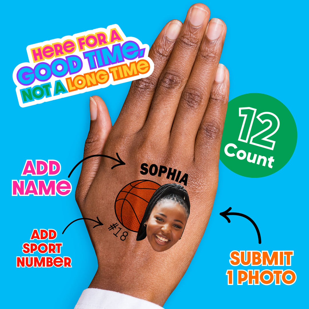 custom photo basketball tattoo displayed on a persons hand