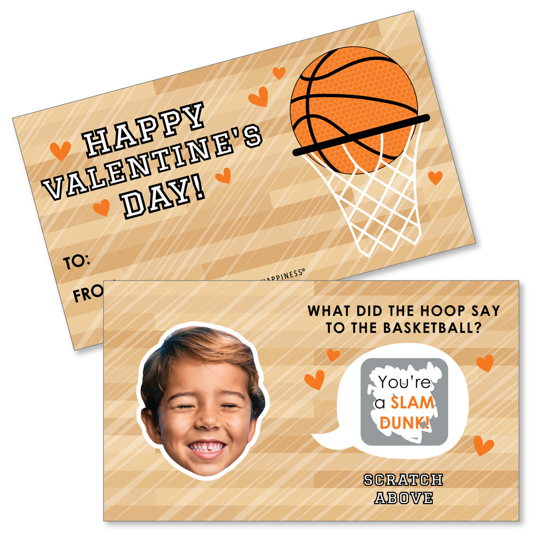 A set of two Valentine's Day cards with basketball-themed jokes, one with a 'Happy Valentine's Day' message and another with a scratch-off design revealing a joke.