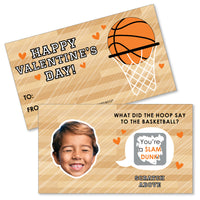 A set of two Valentine's Day cards with basketball-themed jokes, one with a 'Happy Valentine's Day' message and another with a scratch-off design revealing a joke.