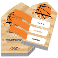 A set of Valentine's Day cards with basketball-themed pull tabs and the message 'You're a SLAM DUNK Valentine!' displayed on the front.