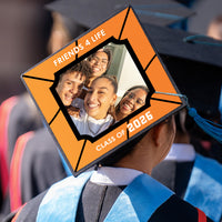 Graduation ceremony cap with basketball themed topper
