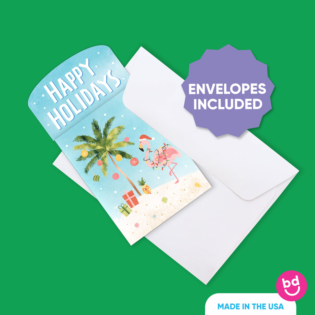 Holiday card with palm tree and flamingo design on a green background