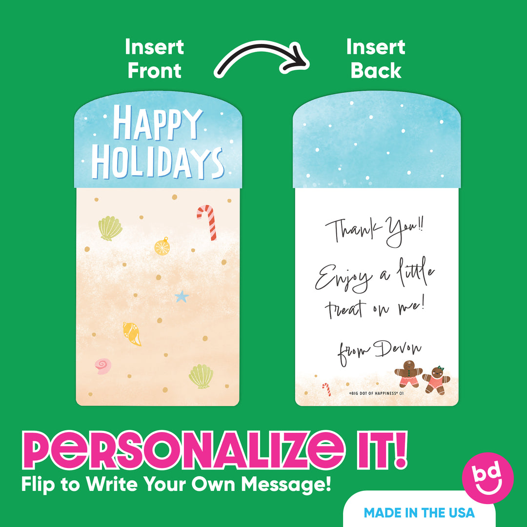 Two sides of a card with 'Happy Holidays' on one side and a personalized message on the other, against a green background.