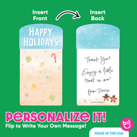 Two sides of a card with 'Happy Holidays' on one side and a personalized message on the other, against a green background.