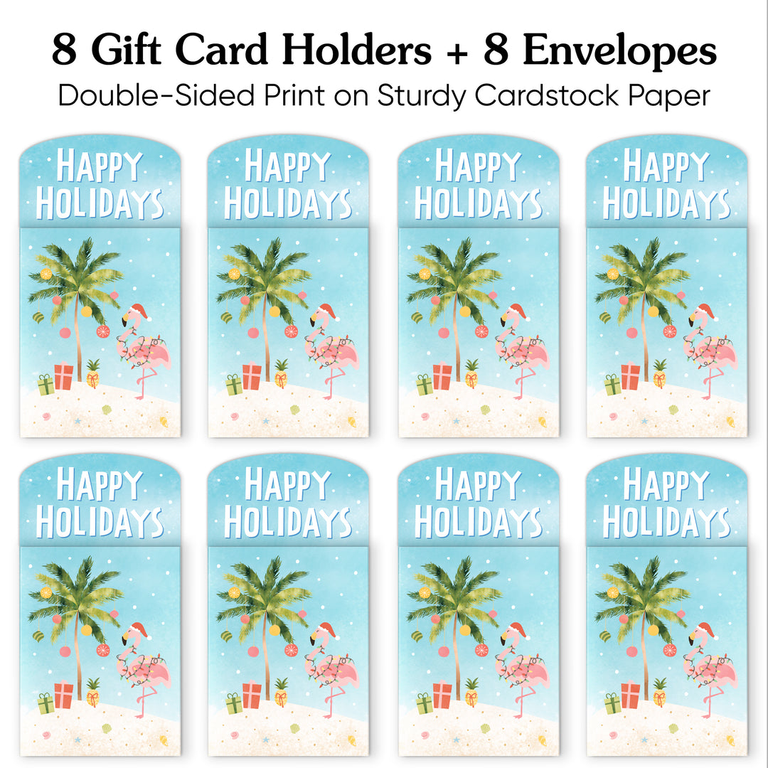 Set of 8 gift card holders with 'Happy Holidays' design featuring flamingos and palm trees on a blue background.